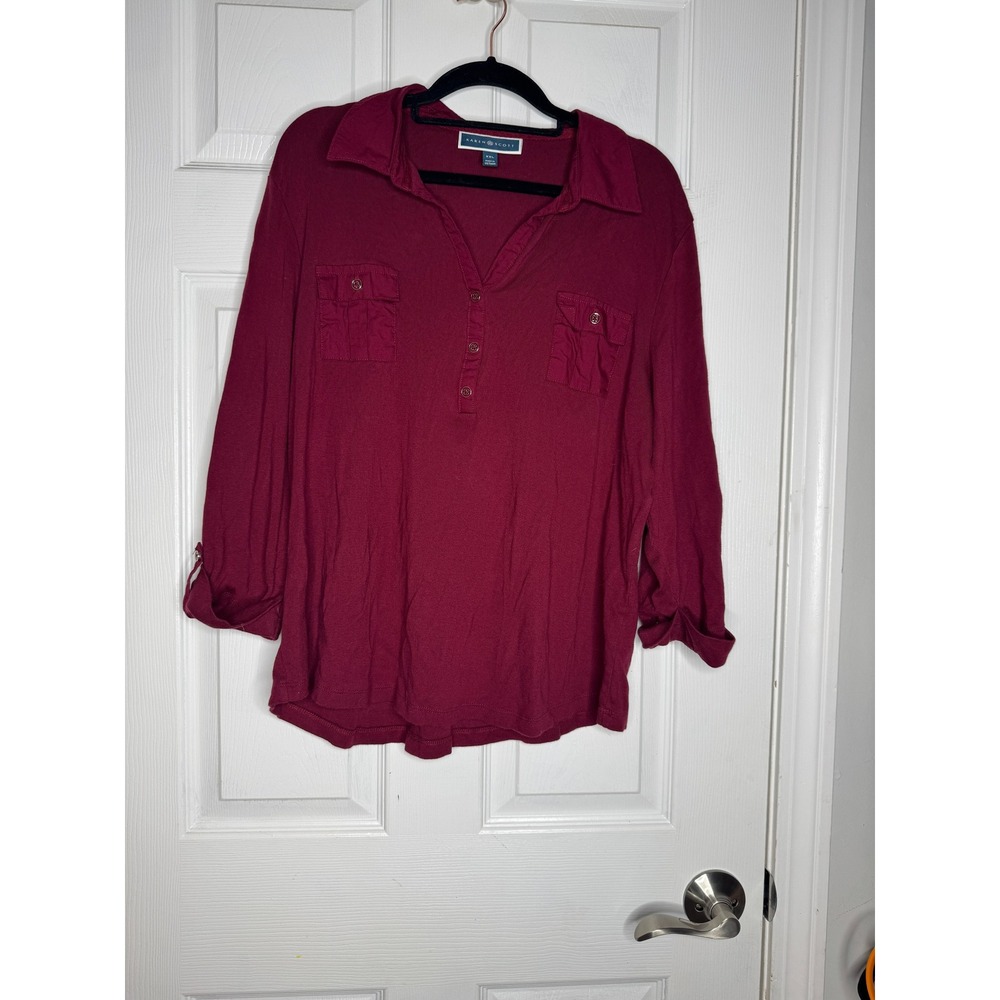 KAREN SCOTT Maroon Pockets Roll Tab Sleeves 100% Cotton Top Size XXL‎